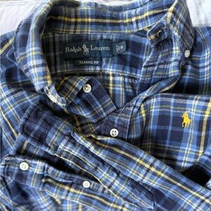 Ralph Lauren Men's Navy and Yellow Plaid Shirt